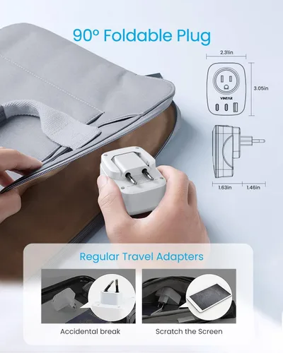 Miniatura 2 de VINTAR - Paquete de 2 adaptadores de enchufe de viaje europeo, enchufe internacional plegable con 2 salidas de CA, 3 puertos USB (2 USB C), cargador