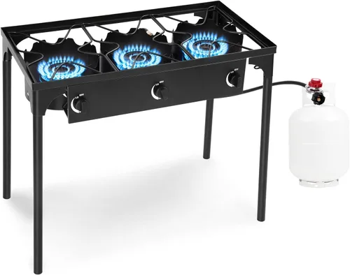 Miniatura 8 de GYMAX Estufa de campamento, estufa de propano de un solo quemador con patas ajustables, salida de 100,000 BTU, regulador de 20 PSI y certificación