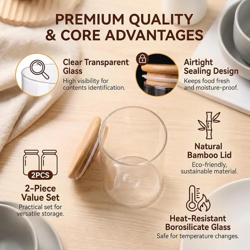Miniatura 4 de Paquete de 2 tarros de vidrio transparente de 11.8 fl oz de 12 onzas con tapas herméticas de bambú, recipientes de vidrio herméticos dispensadores