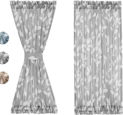 Miniatura 13 de Treatmentex Paneles de puerta francesa con luz lateral azul y blanca de 40 pulgadas de largo, estampado de hojas largas, cortinas de ventana