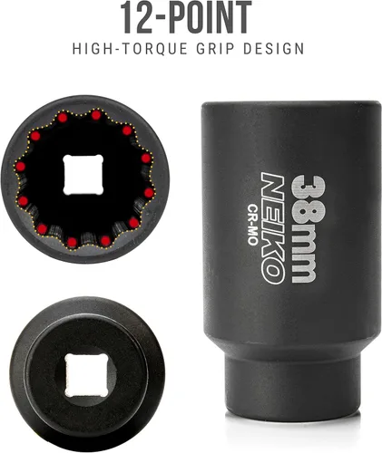 Miniatura 3 de NEIKO 02528A 38mm Enchufe 1/2" Accionamiento Juego de Llaves de Vaso de Impacto Profundo Enchufe de Eje y Tuerca de Eje 12 Puntos Cromo