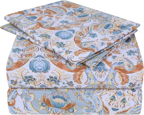 Miniatura 18 de JSD Juego de sábanas con estampado floral azul, tamaño Queen, 4 piezas, sábanas de microfibra con patrón suave, bolsillo extra profundo Sakura