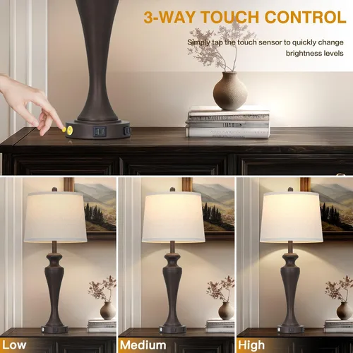 Miniatura 4 de Lámpara de mesa marrón oscuro de 30 pulgadas, lámpara de noche individual con control táctil de 3 vías con puertos USB A+C y salida de CA, lámparas