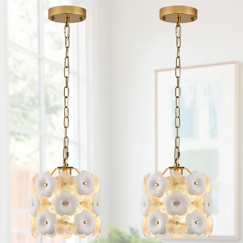 Miniatura 21 de Lámpara colgante de cristal dorado, paquete de 1 lámpara colgante de techo pequeña con flores modernas, 1 luz para cocina, isla, fregadero, comedor
