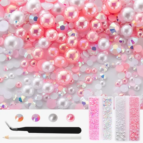 Miniatura 20 de Kit de perlas y diamantes de imitación con parte trasera plana de oro negro, 3929 unidades, diamantes de imitación de resina de tamaño mixto