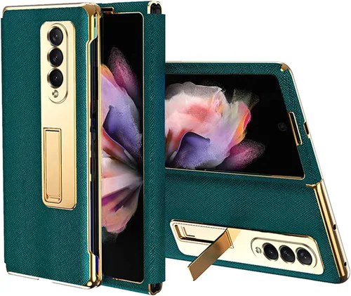 Miniatura 8 de Ninki Funda de cuero para Galaxy Z Fold 3 con función atril, color negro, cuero de lujo con PC a prueba de golpes y soporte de anillo protector