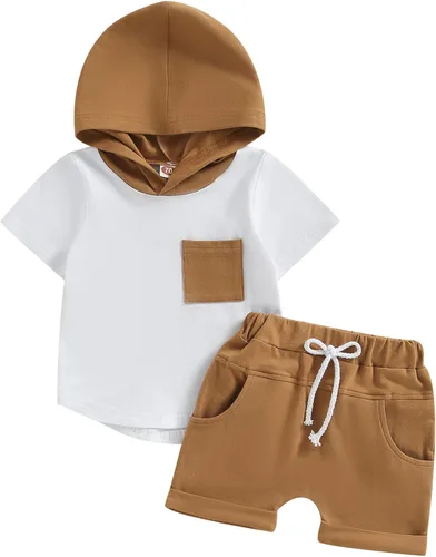 Ropa de verano para bebé niño, bloque de color, manga corta, sudadera con capucha, camiseta y pantalones cortos sólidos para correr, conjunto de 2