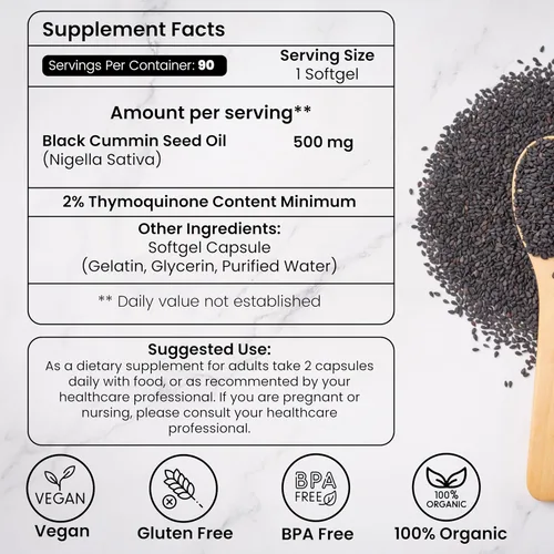 Miniatura 2 de HERBOGANIC Cápsulas blandas de aceite negro prensado en frío, 90 unidades, mezcladas con otros productos herbarios, apoya la salud general