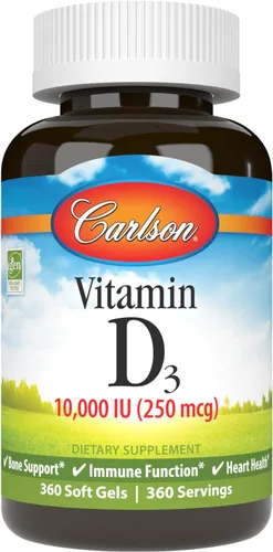 Miniatura 7 de Carlson - Vitamina D3, 10000 UI (250 mcg), suplementos de vitamina D, apoyo óseo e inmunológico, cápsulas blandas de vitamina D3, salud cardíaca