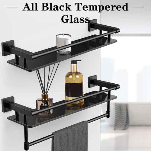 Miniatura 3 de Estante de vidrio para baño, estantes de baño de 20 pulgadas con toallero, estantes de vidrio templado con toallero de acero inoxidable para estante