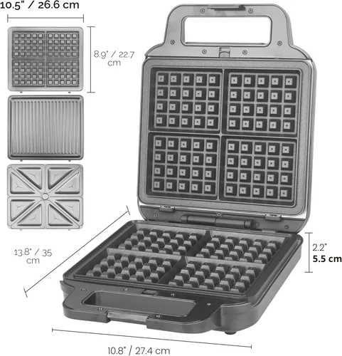 Miniatura 8 de FineMade Máquina para Hacer Waffles Belga con Placas Desmontables, Waflera Eléctrica, Gran Plancha para Waffles, Prensa para Panini de 3 en 1
