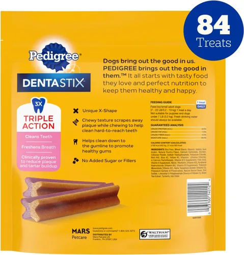 Miniatura 9 de Pedigree Dentastix Golosinas para perros de raza pequeña de doble sabor, tocino y pollo, bolsa de 17.78 onzas (84 golosinas)