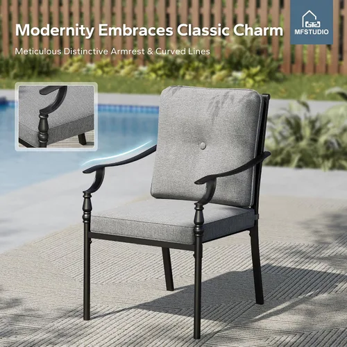 Miniatura 4 de MFSTUDIO Juego de 2 sillas de comedor para patio al aire libre, sillas de patio resistentes con cojines, sillas de terraza de hierro forjado