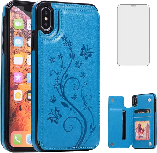 Miniatura 12 de Funda de teléfono para iPhone Xs Max de 6.5 pulgadas 2018 con protector de pantalla de vidrio templado, tarjetero con tapa de cuero para celular i X
