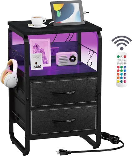 runjuly Mesita de noche con luz, mesa auxiliar LED con cajones y estación de carga con puerto tipo C, pequeña mesa de noche con ganchos, cómoda para