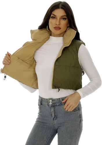 Miniatura 4 de Kusogiay Chaleco corto acolchado para mujer, ligero, con cremallera, sin mangas, reversible, con bolsillos