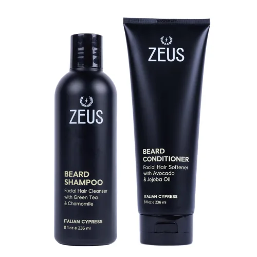 ZEUS Set de lavado de barba para hombres, champú y acondicionador con té verde, manzanilla y aceites esenciales para hidratar, suavizar y fortalecer