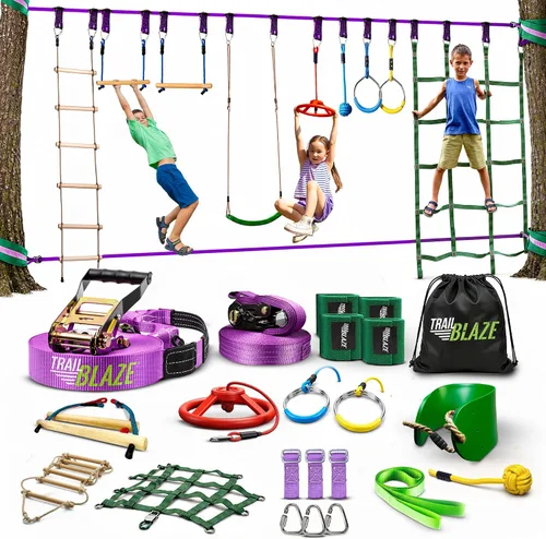 Trailblaze Curso de Obstáculos de Guerrero Ninja para Niños - Diversión al Aire Libre 2x55 Pies de Cuerda Floja Ninja, Red de Escalada, Escalera de