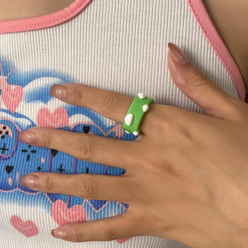 Miniatura 8 de FORUBUS Juego de 2 anillos de resina con bonito diseño de rana de pollo, hongos, lindos anillos apilables de animales para mujeres y niñas, Metal