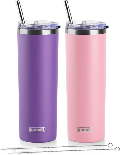 Miniatura 53 de Koodee - Vaso delgado de acero inoxidable de 20 onzas (4 unidades) aislado con doble pared, vaso de agua con 4 tapas, 4 popotes y 2 cepillos