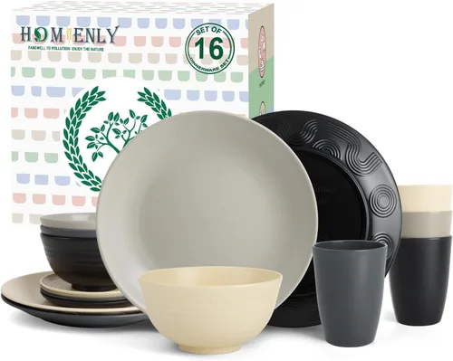 Miniatura 13 de Homienly Juegos de Vajilla Premium de Paja de Trigo, Platos y Tazones Ligeros e Irrompibles, Tazas, Servicio para 4, Apto para Lavavajillas