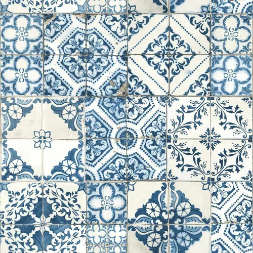 RoomMates RMK11083WP - Papel tapiz azul para despegar y pegar con azulejos mediterráneos, 20.5 pulgadas x 16.5 pies