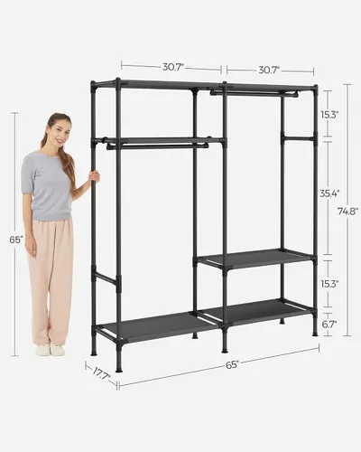 Miniatura 6 de SONGMICS Perchero de ropa resistente, armario portátil independiente de 65 pulgadas con rieles y estantes colgantes, carga total de 242 libras