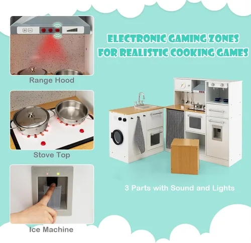 Miniatura 3 de HONEY JOY Juego de cocina para niños, juego de cocina modular de madera de 2 piezas, lavadora y fregadero, cafetera, campana extractora y estufa