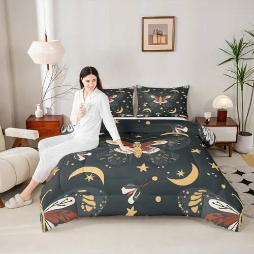 Miniatura 19 de Juego de edredón de champiñones para niños, tamaño individual, juego de ropa de cama romántica con sol, luna, cielo estrellado y galaxia, decoración