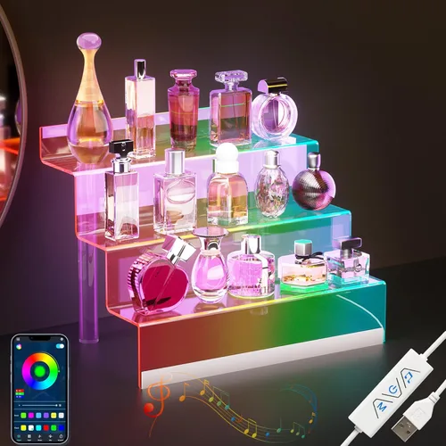 Miniatura 9 de Organizador de Exhibición de Acrílico de 12" con Luz LED - Soporte de Perfume de 3 Niveles y Estantes Escalonados de Exhibición, Organizador