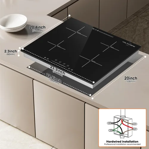 Miniatura 7 de Placa de cocción de inducción integrada de 24 pulgadas, 4 quemadores 6600 W, control táctil, temporizador y bloqueo para niños, vidrio negro fácil