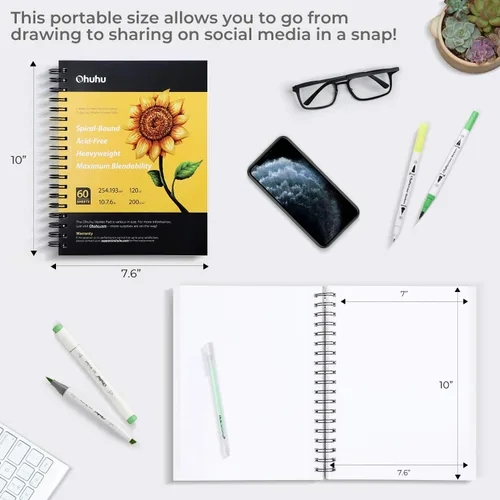 Miniatura 4 de Ohuhu Cuadernos de marcadores de arte, tamaño de papel grande de 19 x 25 cm, hojas de dibujo lisas y pesadas de 120 lb/200 g/m², 60 hojas/120