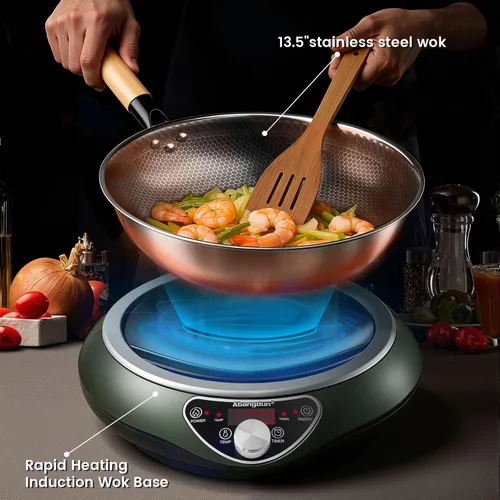 Miniatura 3 de Wok de inducción cóncava de 1700 W 120 V con wok de acero inoxidable, calentamiento continuo sin pulsos, 16 niveles de potencia, quemador portátil