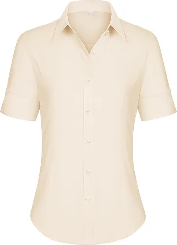 Miniatura 24 de siliteelon Camisas de vestir de manga corta con botones para mujer, camisas de algodón con botones para mujer, blusa ajustada de manga 3/4