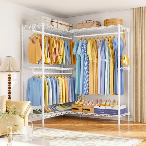 Miniatura 9 de ULIFHOME E15 - Perchero en forma de L para esquina, perchero independiente para colgar ropa, organizador de armario resistente con 4 varillas