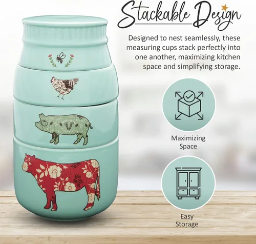 Miniatura 8 de Pavilion Gift Company - 'Live Simply Bee, Chicken, Pig, and Cow' - Juego de tazas medidoras de gres de 4 piezas, utensilios de cocina resistentes
