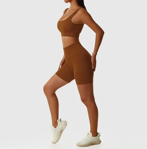 Miniatura 5 de ABOCIW Conjuntos de entrenamiento para mujer 2 piezas sin costuras acanalados cintura alta con camiseta sin mangas brasier deportivo trajes de yoga