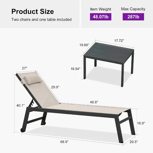 Miniatura 9 de PURPLE LEAF Juego de sillas de lounge al aire libre de gran tamaño de 3 piezas para patio, tumbona para piscina, estructura de aluminio con mesa