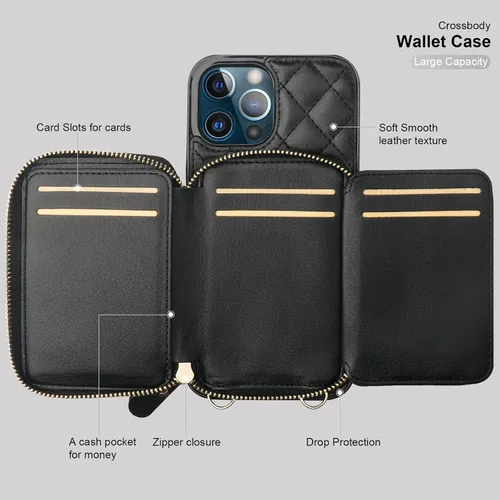 Miniatura 7 de Bocasal Funda tipo cartera con bandolera para iPhone 13 Pro Max, cartera de cuero PU con cierre de cremallera y bloqueo RFID, funda tipo folio