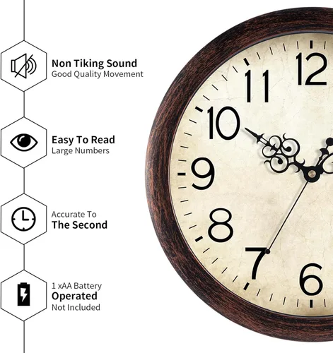 Miniatura 8 de KECYET Reloj de pared de 12 pulgadas, relojes de pared vintage operados con pilas, de cuarzo, silenciosos, sin tictac, estilo retro rústico, A_bronce