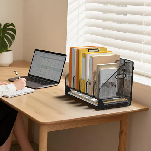 Miniatura 7 de Organizador de Carpetas de Archivos de Escritorio - 5 Compartimentos Verticales con Estantes y Bandeja para Cartas de Papel, Clasificador de Negro