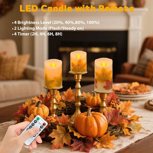 Miniatura 3 de Velas sin llama, juego de 3 velas LED parpadeantes de hoja de arce con control remoto y temporizador, velas LED regulables que funcionan