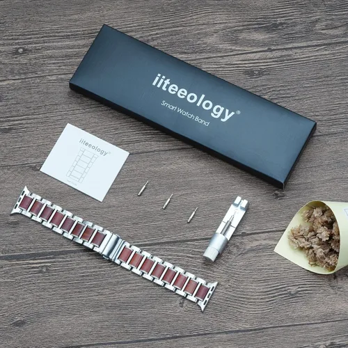 Miniatura 8 de iiteeology Correa compatible con Apple Watch, pulsera de eslabones de madera y acero natural para iWatch Series 1-11 de 1.65" (42mm), 1.61" (41mm)
