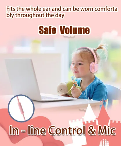 Miniatura 2 de U20 - Auriculares para niños, color rosa, auriculares con cable para niños con control de volumen seguro de 94 dB, diseño plegable, cómodos