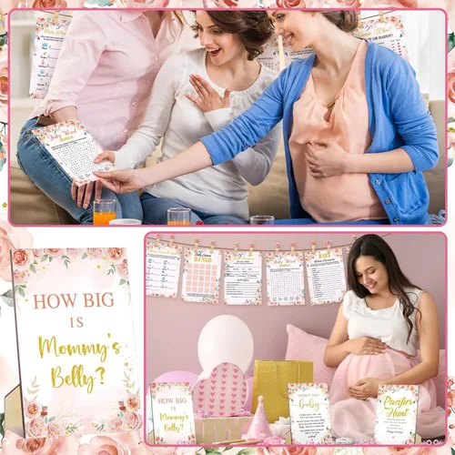 Miniatura 6 de Sherr 476 juegos florales de baby shower, 6 juegos de actividades, tarjeta floral, juego de caza de chupetes, 50 chupetes, qué tan grande es mamá