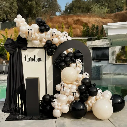 Miniatura 9 de Kit de guirnalda de globos negro, blanco y dorado, 115 piezas de arco de globos beige arena negro crema oro metálico con globos de papel de aluminio