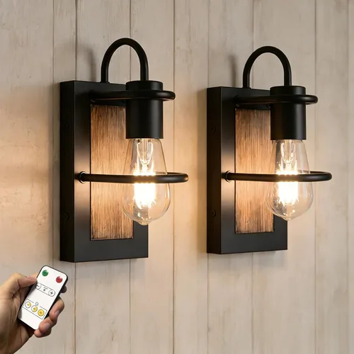 Miniatura 10 de Luces de pared vintage a pilas con acabado de madera sintética, lámpara de pared regulable, sin cableado, fácil de instalar, aplique de pared