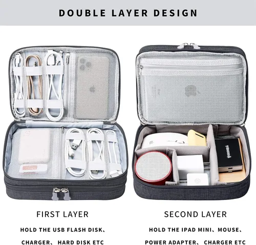 Miniatura 4 de MIRLEWAIY Estuche organizador de cables de viaje de doble capa, accesorios electrónicos, bolsa de transporte para cables de carga, adaptador USB