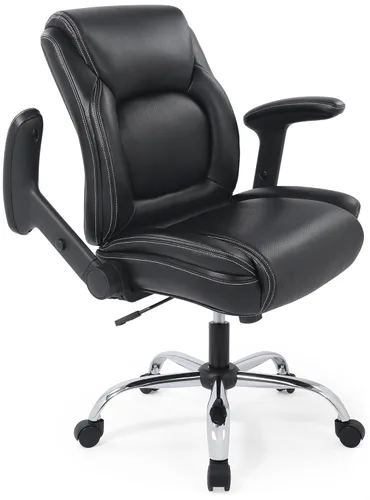 Silla de oficina ergonómica de alta resistencia con respaldo medio acolchado de cuero regenerado de altura ajustable/inclinación, cómodo escritorio