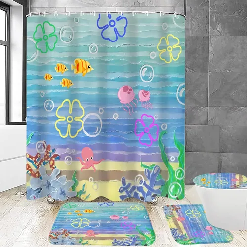 Miniatura 9 de Yddsky Juego de 4 cortinas de ducha con diseño de delfín oceánico azul con alfombras, cubierta de tapa de inodoro y tapete de baño, cortinas